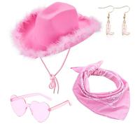 FCXVXCL Cappello Cowgirl, Cappello Cowboy Piume, Cappello Cowgirl, con Occhiali e Bandana Rosa, Cowboy Hat per Fancy Dress Party Accessory 4pcsA