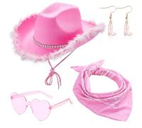 FCXVXCL Cappello Cowgirl, Cappello Cowboy Piume, Cappello Cowgirl, con Occhiali e Bandana Rosa, Cowboy Hat per Fancy Dress Party Accessory 4pcsB