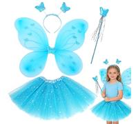 FCXVX ostume Farfalla Bambina Fata Costume per Ragazze con Cerchietto e Bacchette Stella Set di Costumi Vestito Pompone Adatto per Halloween Carnevale Natale Blu