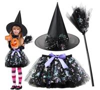 FCXVXCL Halloween Costume Stregas Bambina, Costume Strega Bambina Vestito Carnevale Halloween, Tutù E Cappello Set Con Scopa Da Strega Per Cosplay Festa,Black