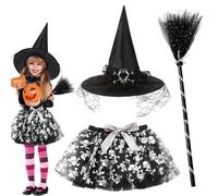 FCXVXCL Halloween Costume Stregas Bambina, Costume Strega Bambina Vestito Carnevale Halloween, Tutù E Cappello Set Con Scopa da Strega per Carnaval Cosplay Festa Silvery