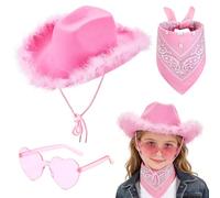 FCXVXCL Set Cappelli da Cowboy 3 Pezzi Cappelli Cowboy Western Bambini Accessorio per Costume da Cowgirl Travestimento da Cowgirl Occidentale con Occhiali Cuore e Sciarpa