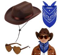 FCXVXCL Set Cappello Da Cowboy Per Bambini Accessori Per Costume Da Cowboy Occidentale Colore Caffè Cappelli Cowgirl Sciarpa Occhiali Sole Ideale Per Feste Halloween