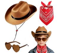 FCXVXCL Set Cappello Da Cowboy Per Bambini Accessori Per Costume Da Cowboy Occidentale Decorazione Marrone Cappelli Cowgirl Sciarpa Occhiali Sole Ideale Per Feste Halloween