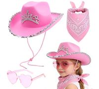 FCXVXCL Set Cappello Da Cowboy Per Bambini Accessori Per Costume Da Cowboy Occidentale Ragazze Rosa Cappelli Cowgirl Sciarpa Occhiali Decorazione Glitterata Adatta Festa