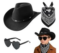 FCXVXCL Set Cappello Da Cowboy Per Bambini Accessori Per Costume Da Cowboy Occidentale Ragazzi Decorazione Nero Cappelli Cowgirl Sciarpa Occhiali Sole Ideale Per Feste Halloween