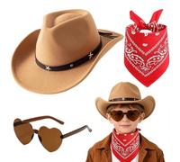 FCXVXCL Set Cappello Da Cowboy Per Bambini Accessori Per Costume Da Cowboy Occidentale Ragazzi Decorazione Marrone Cappelli Cowgirl Sciarpa Occhiali Sole Ideale Per Feste Halloween