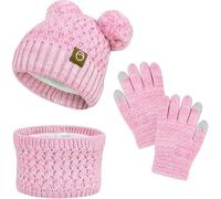 FCXVXCL Set Invernale Bambini 3 Pezzi Ragazze Cappello Sciarpa Guanti Set di Accessori Invernali Con Morbida Fodera di Berretto A Maglia,Scaldacollo E Guanto,Età 3-10 Anni Rosa