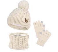 FCXVXCL Set Invernale Bambini 3 Pezzi Ragazze Cappello Sciarpa Guanti Set di Accessori Invernali Con Morbida Fodera di Berretto A Maglia,Scaldacollo E Guanto,Età 3-10 Anni Bianco