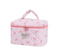 Fcyonixee Borsa per il trucco con fiocco a scacchi Macaron, borsa cosmetica da viaggio di grande capacità, borsa morbida per la cura della pelle, astuccio carino a scacchi con fiocco, Rosa, L, Carino