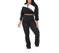 FDDYA Women's 2 Piece Sweatsuit Set - Comfortable Color Block Lounge Set With Cropped Zipper Jacket And High Waisted(Black,S)