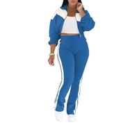 FDDYA Women's 2 Piece Sweatsuit Set - Comfortable Color Block Lounge Set With Cropped Zipper Jacket And High Waisted(Blu,S)