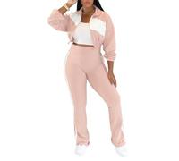 FDDYA Women's 2 Piece Sweatsuit Set - Comfortable Color Block Lounge Set With Cropped Zipper Jacket And High Waisted(Pink,S)