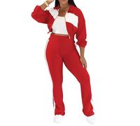 FDDYA Women's 2 Piece Sweatsuit Set - Comfortable Color Block Lounge Set With Cropped Zipper Jacket And High Waisted(Red,S)