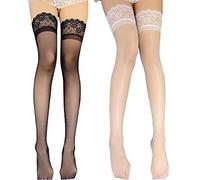 FDEETY 2 Paia di Calze da Donna che Reggono Calze Antiscivolo in Pizzo Seta Coscia alta Collant in Silicone Top 15 Denari Calze di Pizzo Taglia Unica (Nero e Withe)