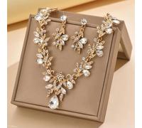 FDEETY 2 Pezzi Parure Gioielli Foglia Cristallo Collana Orecchini Elegante Brillante Cerimonia Matrimonio Donna