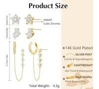 FDEETY 3 Paia Orecchini Stella Fiore Zirconia Cubica Placcati Oro 14k Orecchini Perno Catena Ipoallergenici Donna