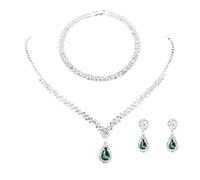 FDEETY 3 Pezzi Parure Gioielli Donna Goccia Cristallo Verde Collana Bracciale Orecchini Set Elegante Strass Brillanti Cerimonia Matrimonio
