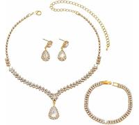 FDEETY 3 Pezzi Parure Gioielli Donna Goccia Cristallo Verde Collana Bracciale Orecchini Set Elegante Strass Brillanti Cerimonia Matrimonio