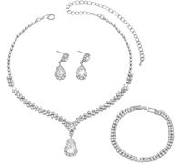 FDEETY 3 Pezzi Parure Gioielli Donna Goccia Cristallo Verde Collana Bracciale Orecchini Set Elegante Strass Brillanti Cerimonia Matrimonio