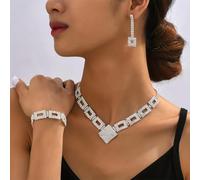 FDEETY 3 Pezzi Parure Gioielli Geometrici Quadrati Collana Bracciale Orecchini Cristalli Brillanti Eleganti Lussuosi Cerimonia Matrimonio