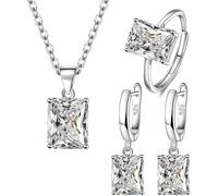FDEETY 3 Pezzi Parure Gioielli Quadrato Cristallo Collana Orecchini Anello Argento Elegante Donna Set Gioielleria Lusso