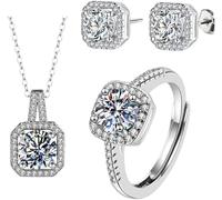 FDEETY 3 Pezzi Set Gioielli Donna Quadrato Brillante Collana Orecchini Anello Cristallo Zirconia Cubica Argento Elegante Parure Gioielli