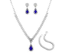 FDEETY 3 Piece Wedding Bridal Jewellery Set Combo Donna Metallo con Diamanti Collana Orecchini Bracciale Combo Modelli Moda Pendolare Luce Stile Lusso（Blu zaffiro）