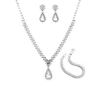 FDEETY 3 Piece Wedding Bridal Jewellery Set Combo Donna Metallo con Diamanti Collana Orecchini Bracciale Combo Modelli Moda Pendolare Luce Stile Lusso（Bianco argento）