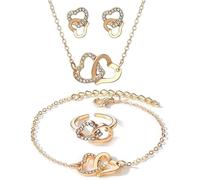 FDEETY 4 Pezzi Set Gioielli Cuori Intrecciati Collana Bracciale Anello Orecchini Cristallo Brillante Elegante Parure Donna