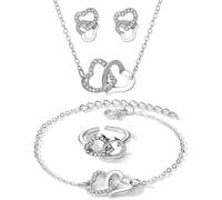 FDEETY 4 Pezzi Set Gioielli Cuori Intrecciati Collana Bracciale Anello Orecchini Cristallo Brillante Elegante Parure Donna