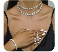 FDEETY 4 Pezzi Set Gioielli Donna Fiore Cristallo Collana Doppio Strato Bracciale Orecchini Pendenti Brillanti Eleganti Cerimonia Matrimonio Sposa