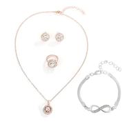FDEETY 4 Pezzi Set Gioielli Rotondo Cristallo Collana Pendente Orecchini Anello Bracciale Infinito Donna Elegante Cerimonia Matrimonio