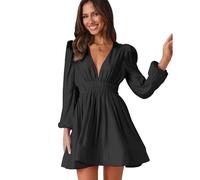 FDEETY Abito da Donna Corto a Maniche Lunghe Con Scollo a V Tinta Unita Sexy Ragazza Moda Sottile Casual Festa da Sera (Nero,M)