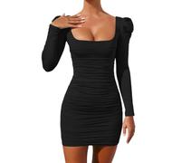 FDEETY Abito da Donna Elegante Abito Aderente a Maniche Lunghe Vestito Sexy Scollo Quadrato Corto Vestito Festa da Sera Invernale Miniabito da Festa Party Bodycon Abito da Cocktail Club