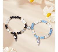 FDEETY Braccialetti per Coppie con Ciondolo a Gatto e Cuore Set di 2 Bracciali in Pietra Naturale Gioielli per Donna e Uomo Accessori Eleganti per Amore e Amicizia