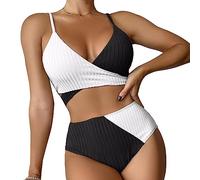 FDEETY Costume Donna Due Pezzi Curvy Bikini Set Costeggiato Incrociato Tankini Vita Alta Costumi Mare Contenitivo No Segno Abbronzatura Bikiniset Mare Elegante