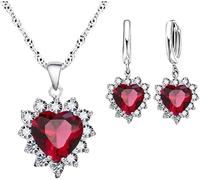 FDEETY Cuore Cristallo Rosso Collana Orecchini Parure Gioielli Donna Elegante Brillante Argento Matrimonio Cerimonia