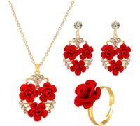 FDEETY Cuore Floreale Collana Orecchini Anello Set Gioielli Donna Rosa Cristallo Elegante Matrimonio Cerimonia Accessori
