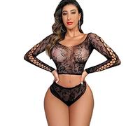 FDEETY Donna Lingerie Set di Biancheria Intima a Rete Trasparente Mutandine a Maniche Lunghe Babydoll Elasticizzato Indumenti da Notte Senza Spalline