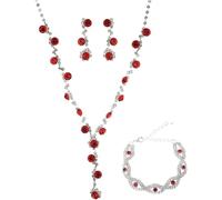 FDEETY Gioielli Donna Gioielli con Strass Collana Orecchini Bracciale Set con Cristallo Gioielli da Sposa per Donne e Ragazze Anniversario Valentino (Rosso)