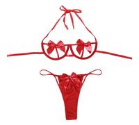 FDEETY Lingerie Donna Completo Intimo Sexy con Fiocchi Rossi Reggiseno e Perizoma Pizzo Abbigliamento Erotico Completi Intimi Sexy Hot
