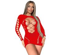 FDEETY Lingerie Donna Monopezzo Rete Pesca a Maglia Cava Manica Lunga Sexy Intima Babydoll Camicia da Notte in Pizzo Trasparente Sleepwear Halter Body Sexy Pigiama Set