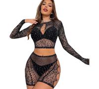 FDEETY Lingerie Donna Pizzo Set Due Pezzi Trasparente Brillante Crop Top Maniche Lunghe Shorts Abbigliamento Intimo Elegante Completo Intimi Sexy Strass Mesh
