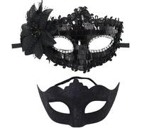 FDEETY Maschera Veneziana Elegante Nera Decorata Paillettes Brillanti Fiore Laterale Strass Carnevale Festa Ballo