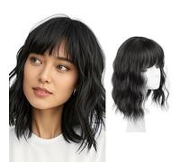 FDEETY Parrucca Donna 12 Pollici Capelli Corti Ondulati Ricci Clip In Parrucche Capelli Frangia Parrucca in Sintetico per Uso Quotidiano e Carnevale Taglio Corto (Nero)