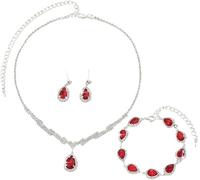 FDEETY Parure di Gioielli per Donna di Zirconi e Strass Collana Pendente Bracciale Set Gioielli Compleanno Anniversario Regalo(Rosso)