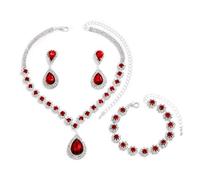 FDEETY Parure Gioielli Donna Elegante Semplice Set di Gioielli Sposa Ciondolo Gioielli da Sposa con Strass Grandi Collana Braccialetti Orecchini Set Regalo Gioielli(Rosso)
