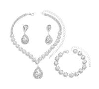 FDEETY Parure Gioielli Donna Elegante Semplice Set di Gioielli Sposa Ciondolo Gioielli da Sposa con Strass Grandi Collana Braccialetti Orecchini Set Regalo Gioielli(Argento)