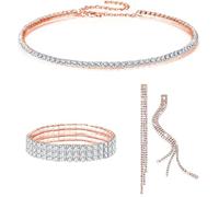 FDEETY Parure Gioielli Sposa per Donna Strass Cristallo Collana Orecchini Bracciale Set Fidanzamento Nozze Sposa Damigella d'Onore Regalo (Oro Rosa)